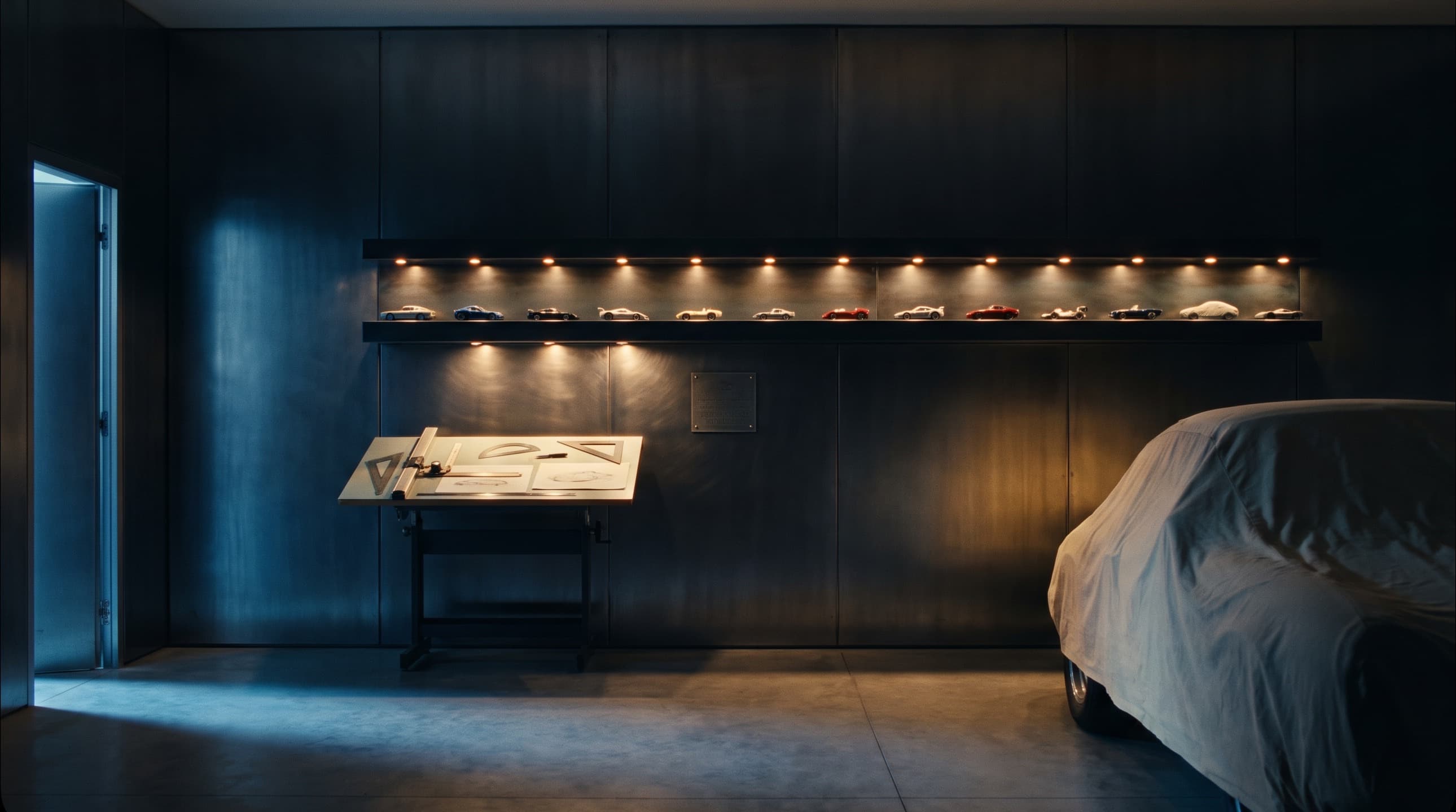 The Archive's garage: sixteen objects on a lit steel shelf, a drafting desk, and a draped car